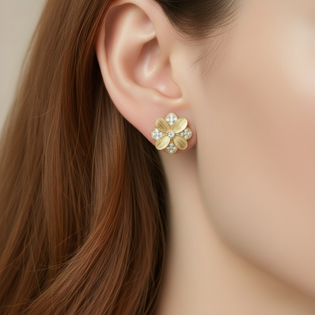 Sterling Silver Gold Plated Flower With CZ Stud Earring