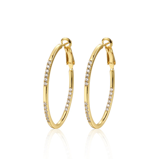 Sterling Silver Thin Oval With CZ Hoops Earrings