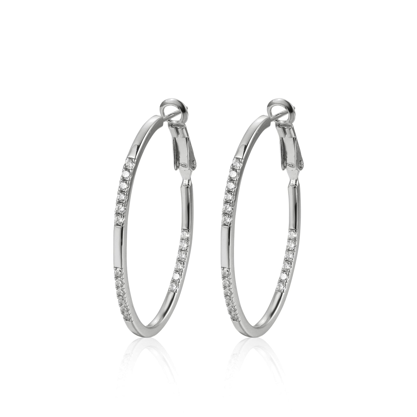 Sterling Silver Thin Oval With CZ Hoops Earrings