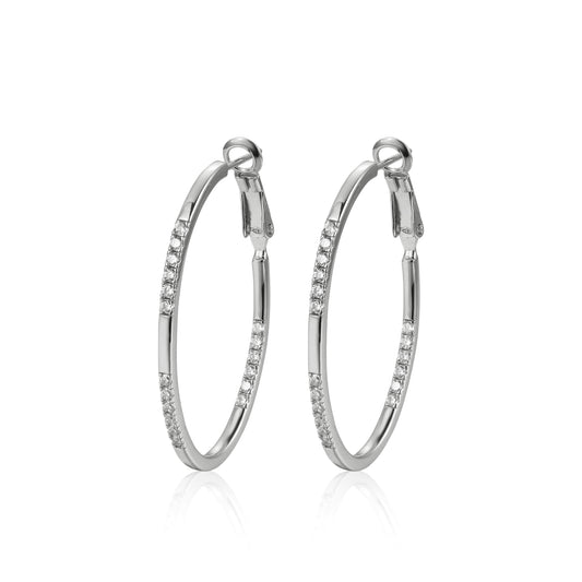 Sterling Silver Thin Oval With CZ Hoops Earrings