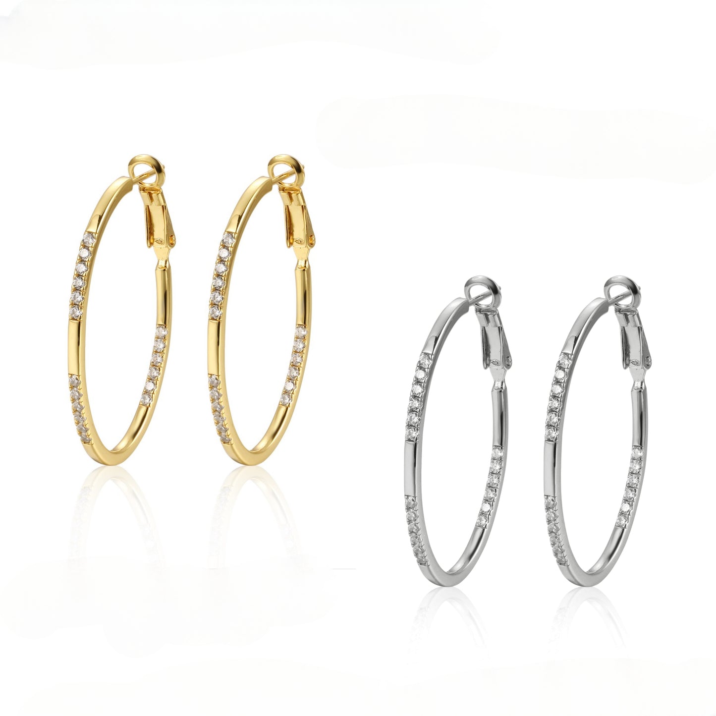 Sterling Silver Thin Oval With CZ Hoops Earrings