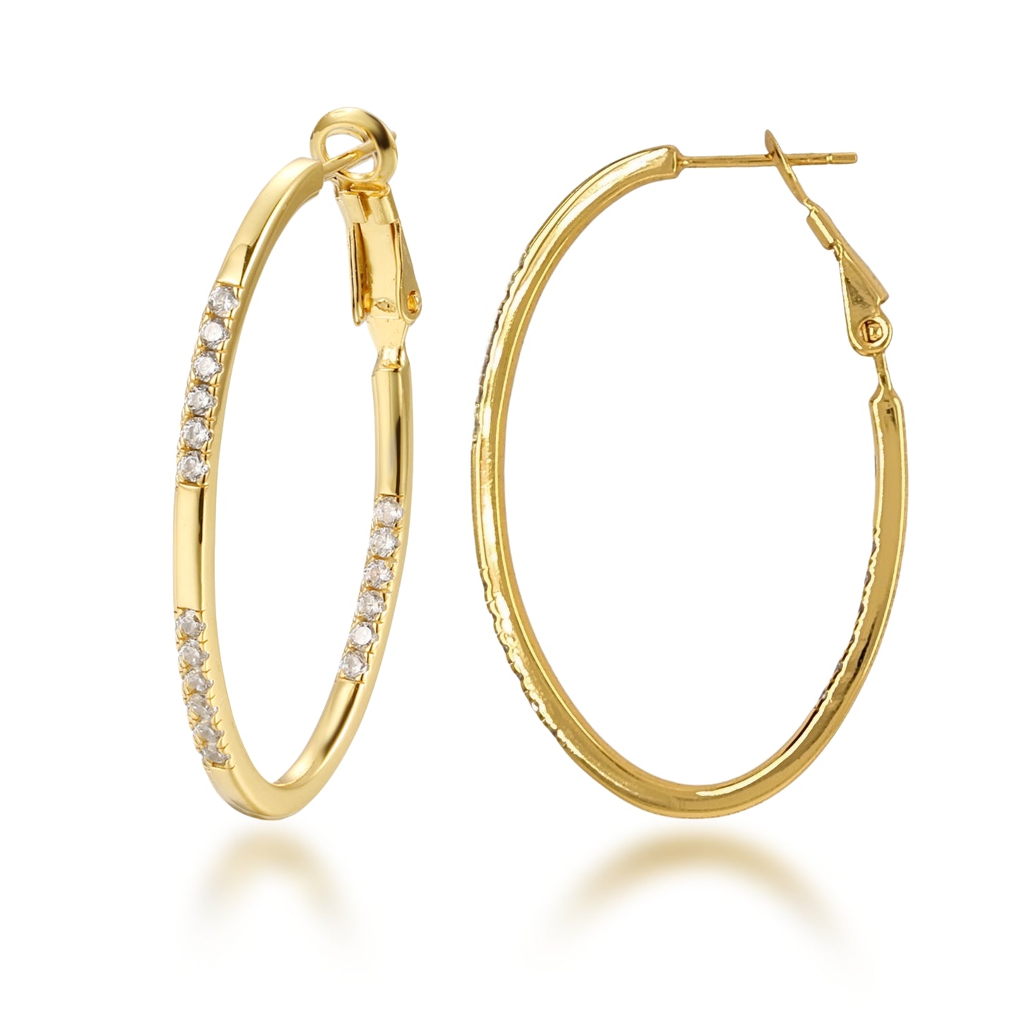 Sterling Silver Thin Oval With CZ Hoops Earrings