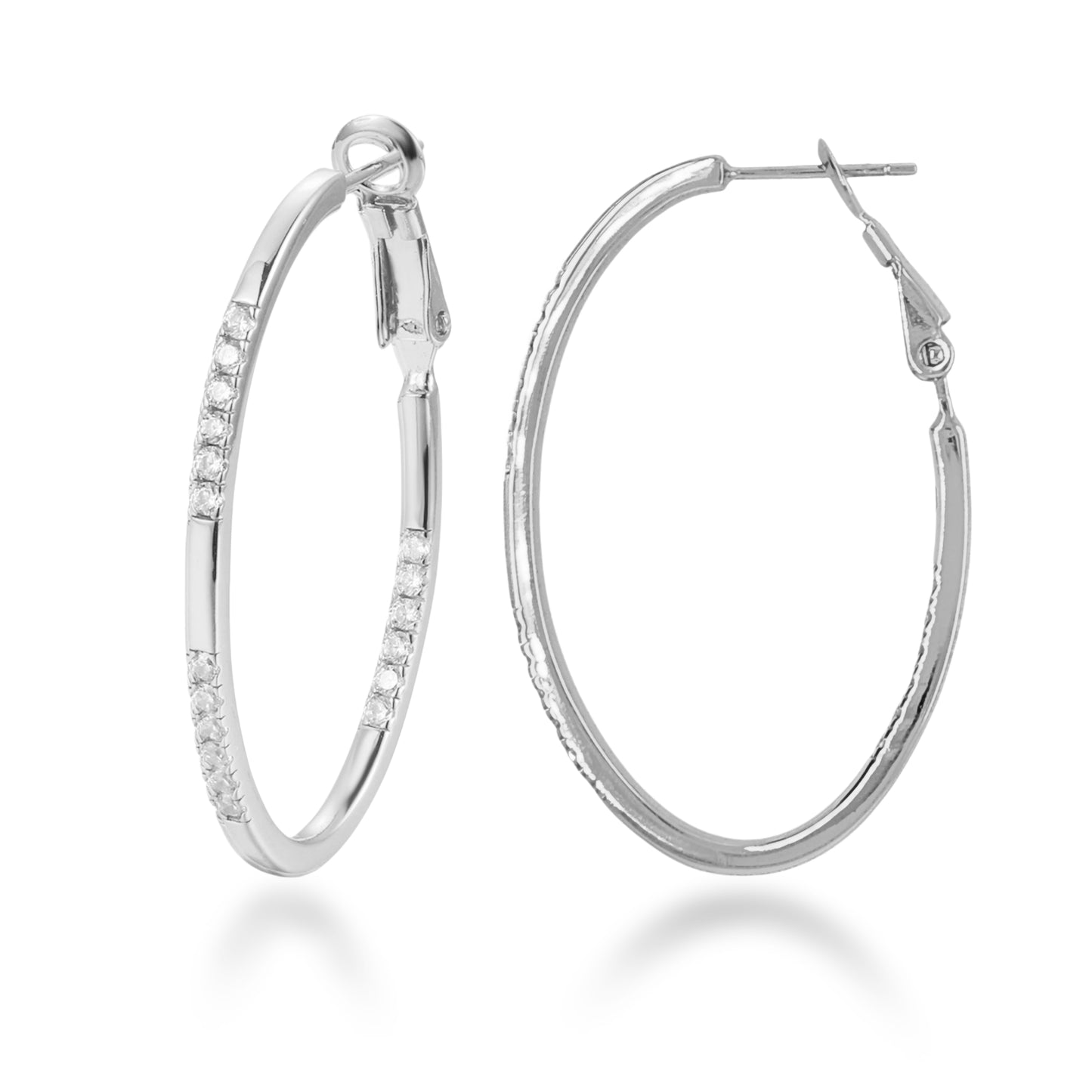 Sterling Silver Thin Oval With CZ Hoops Earrings