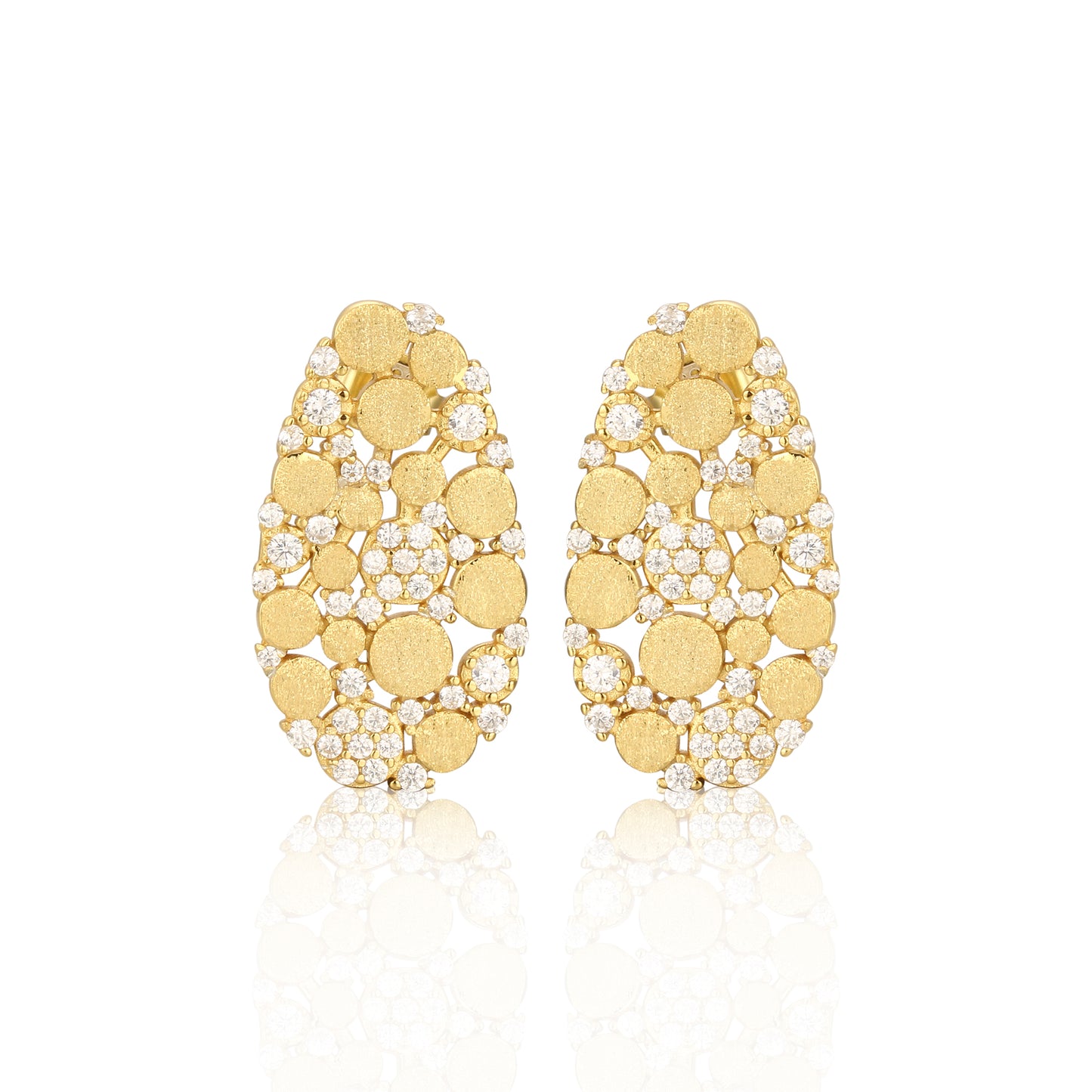 Sterling Silver Brushed Gold Plated Oval With CZ Stud Earrings