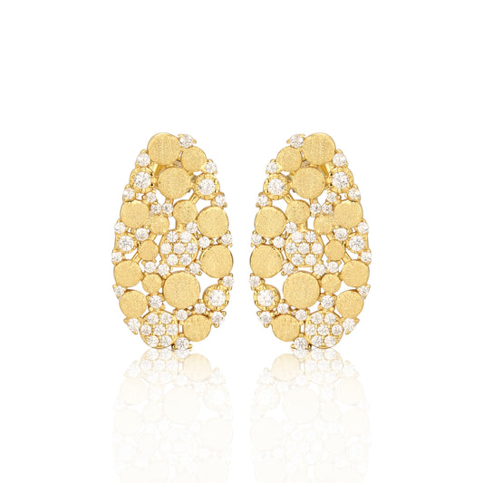 Sterling Silver Brushed Gold Plated Oval With CZ Stud Earrings