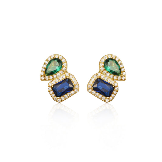 Sterling Silver Gold Plated Emerald and Sapphire CZ Shape Stud Earring