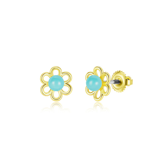 Gold Plated Surgical Steel Small Flower With Center Bead Stud Earrings