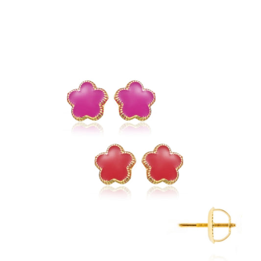 Kids Gold Plated Enamel Flower Stud Earrings - Hypoallergenic Surgical Steel