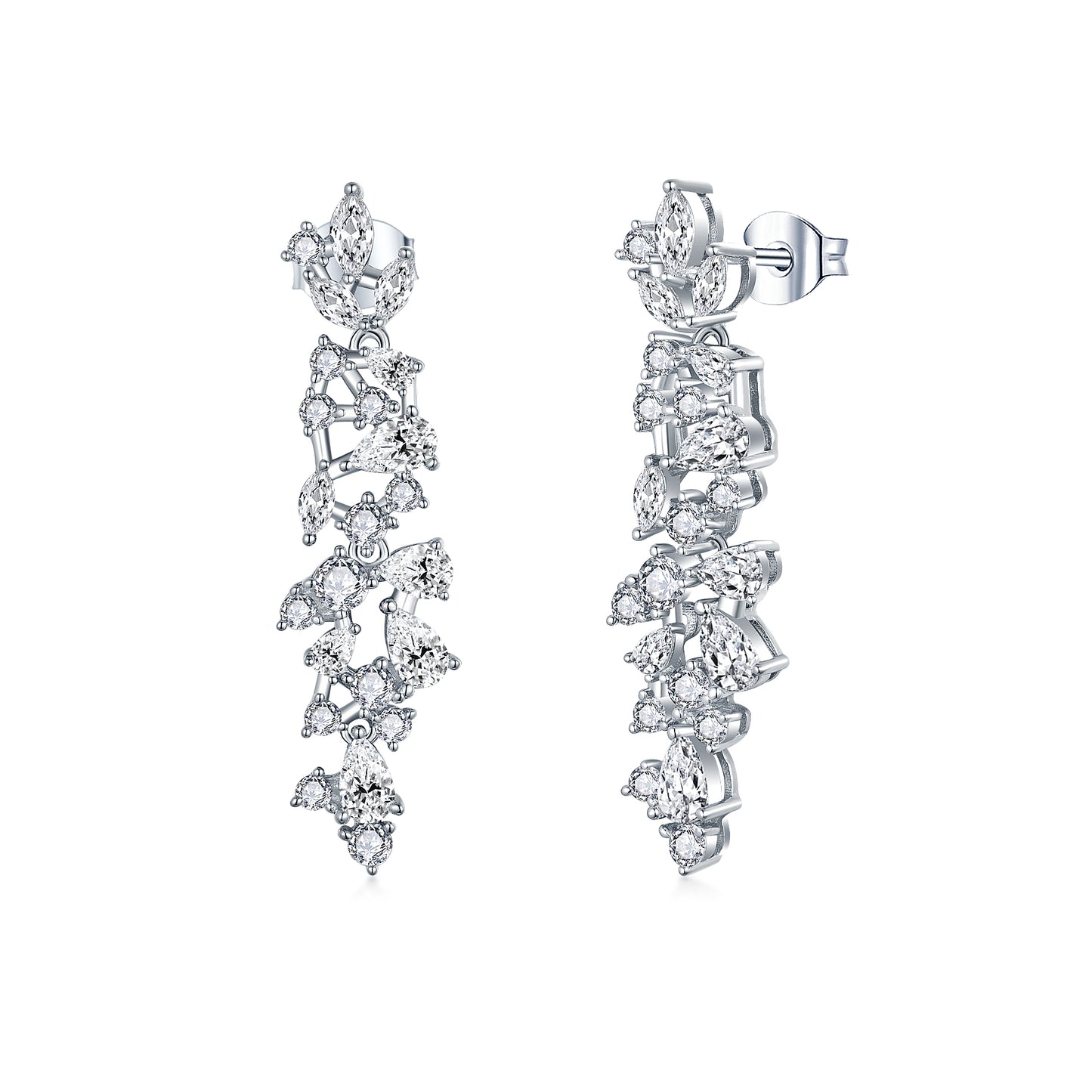 Rhodium Plated Sterling Silver Cascading Fancy Shape CZ Earring