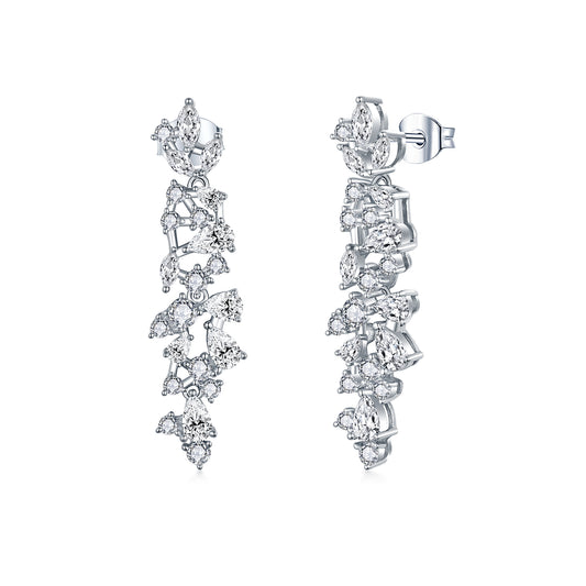 Rhodium Plated Sterling Silver Cascading Fancy Shape CZ Earring