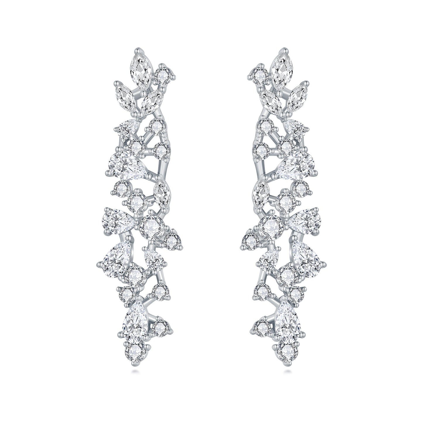 Rhodium Plated Sterling Silver Cascading Fancy Shape CZ Earring