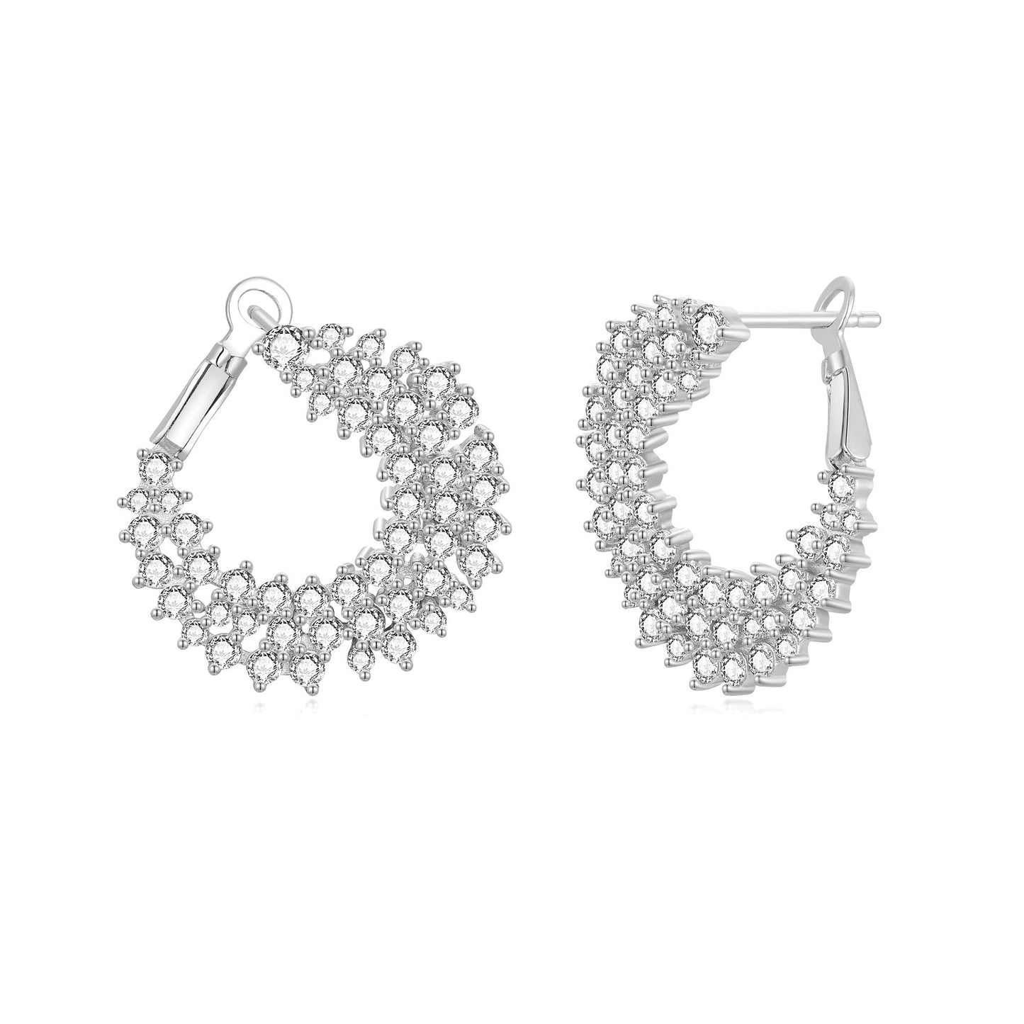 Sterling Silver 3 Row Sprinkled CZ C Shaped Side Hoop Earrings