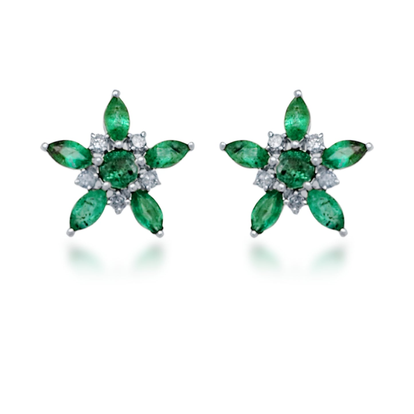 10K Gold Diamond and Emerald Flower Stud Earrings