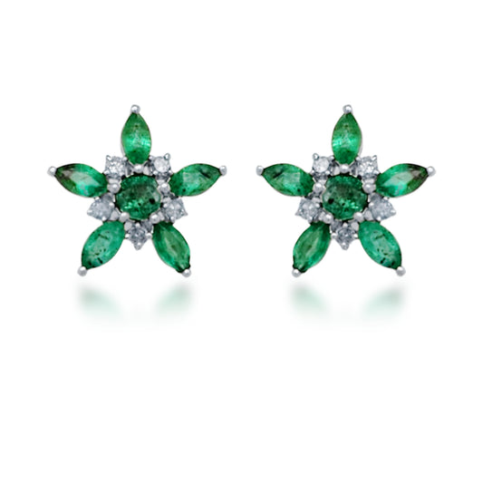 10K Gold Diamond and Emerald Flower Stud Earrings