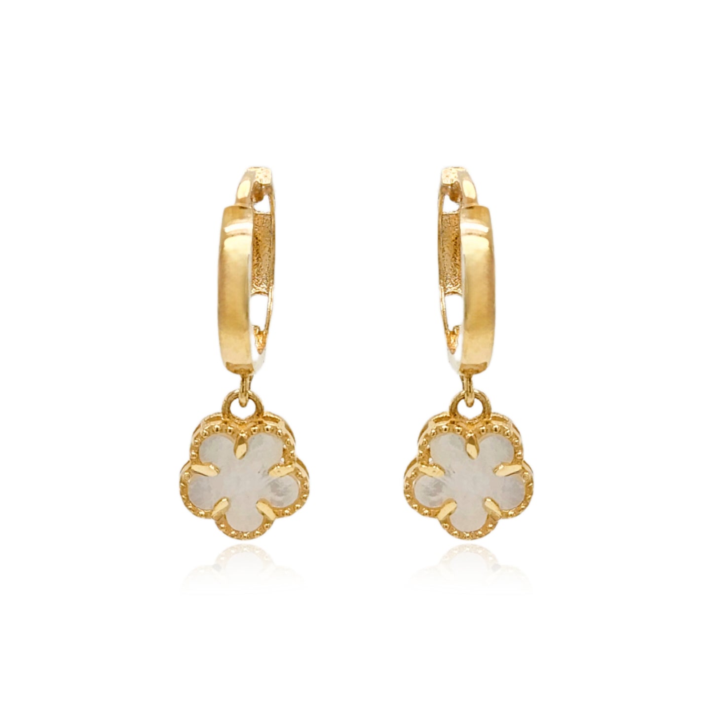 14K Gold Mother of Pearl Flower on Hoop Earring