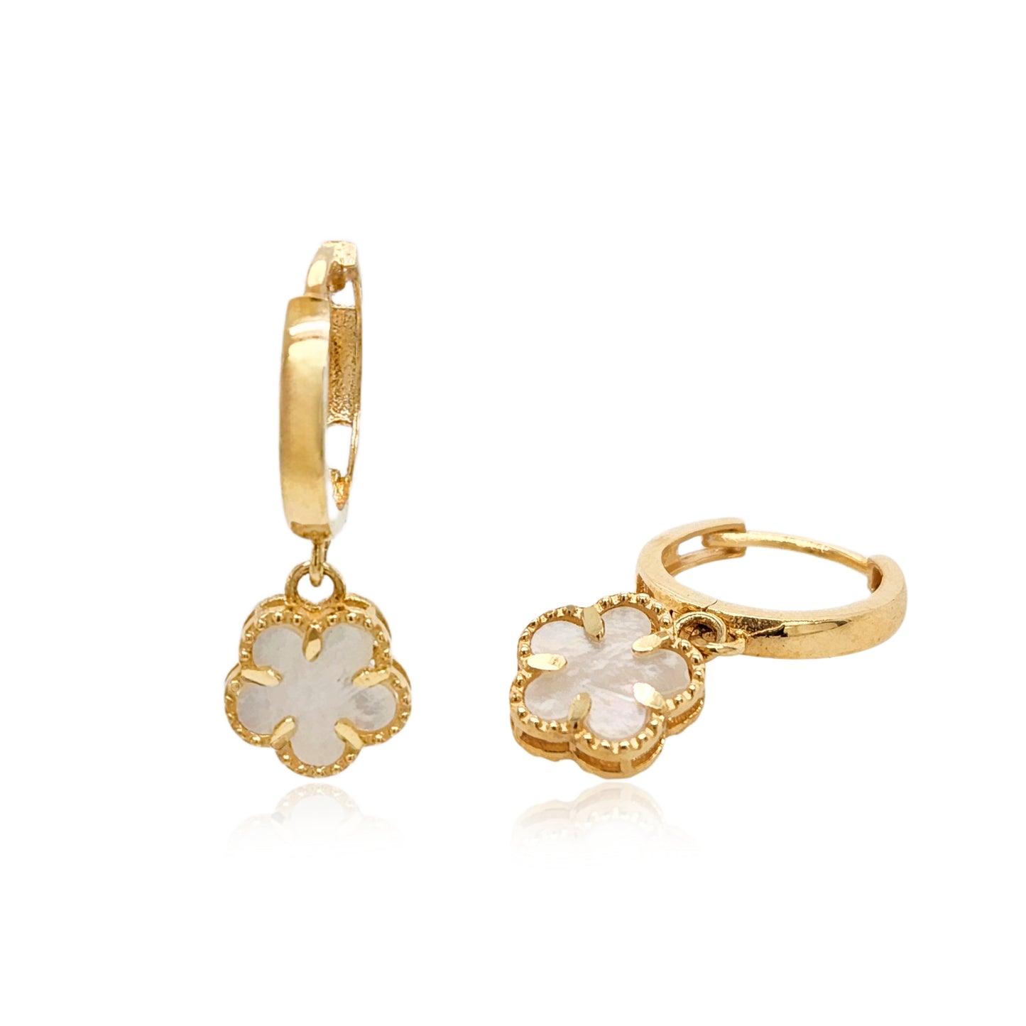 14K Gold Mother of Pearl Flower on Hoop Earring