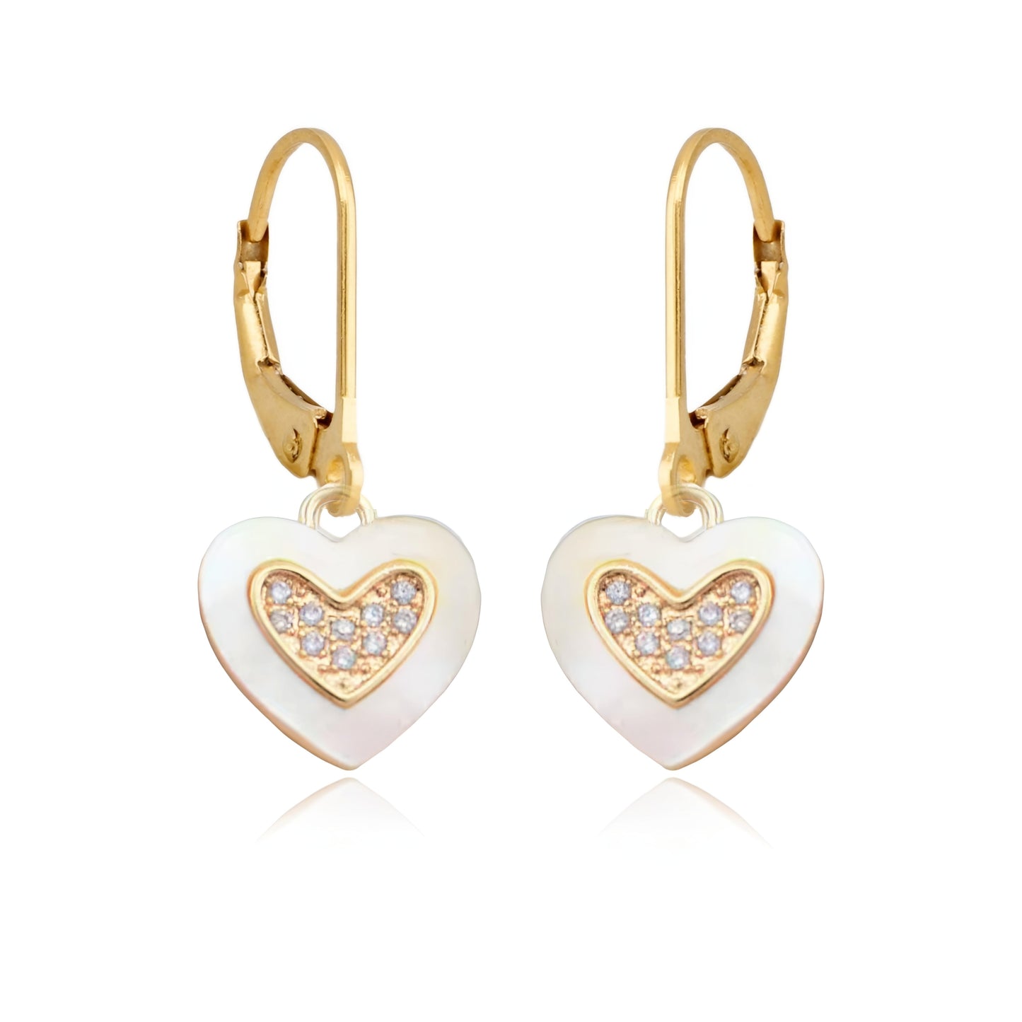 Gold Plated Surgical Steel Framed Mother of Pearl Heart with Center Micropave Heart Earrings
