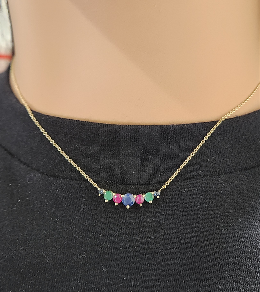 10K Gold Emerald, Ruby, and Sapphire Bar Necklace