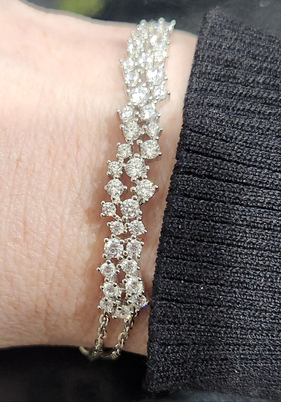 Sterling Silver CZ Sprinkled Bar Bracelet on Double Chain