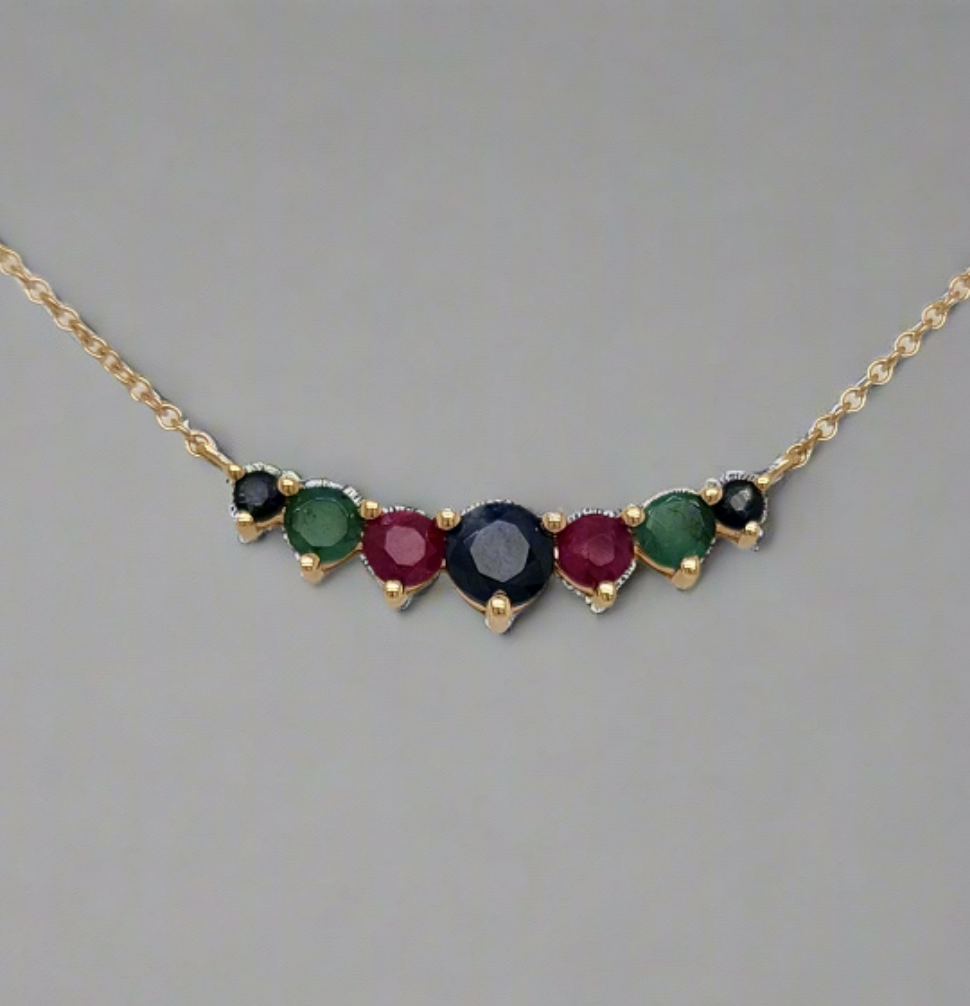 10K Gold Emerald, Ruby, and Sapphire Bar Necklace