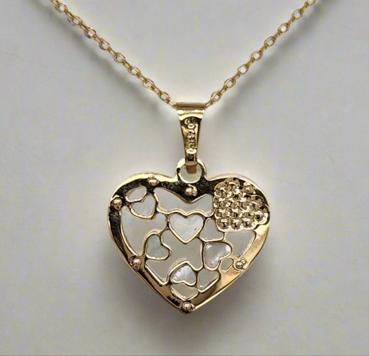 14k Gold Mother of Pearl Hearts Pendant Necklace