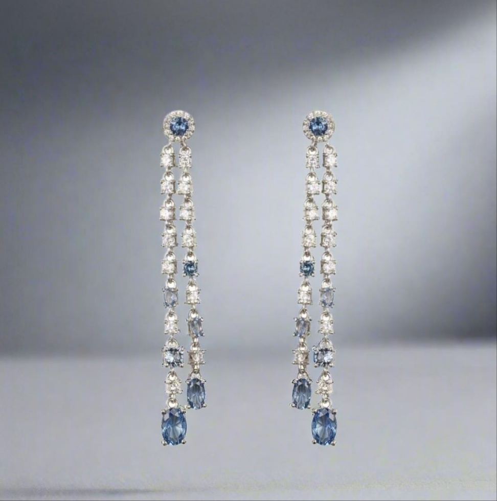 Sterling Silver Double Strand Light Blue and Clear CZ Earrings