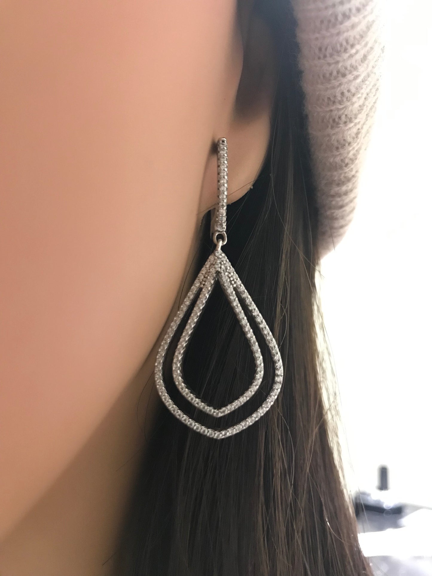 Rhodium Plated Sterling Silver Double Flame Micropave Earrings