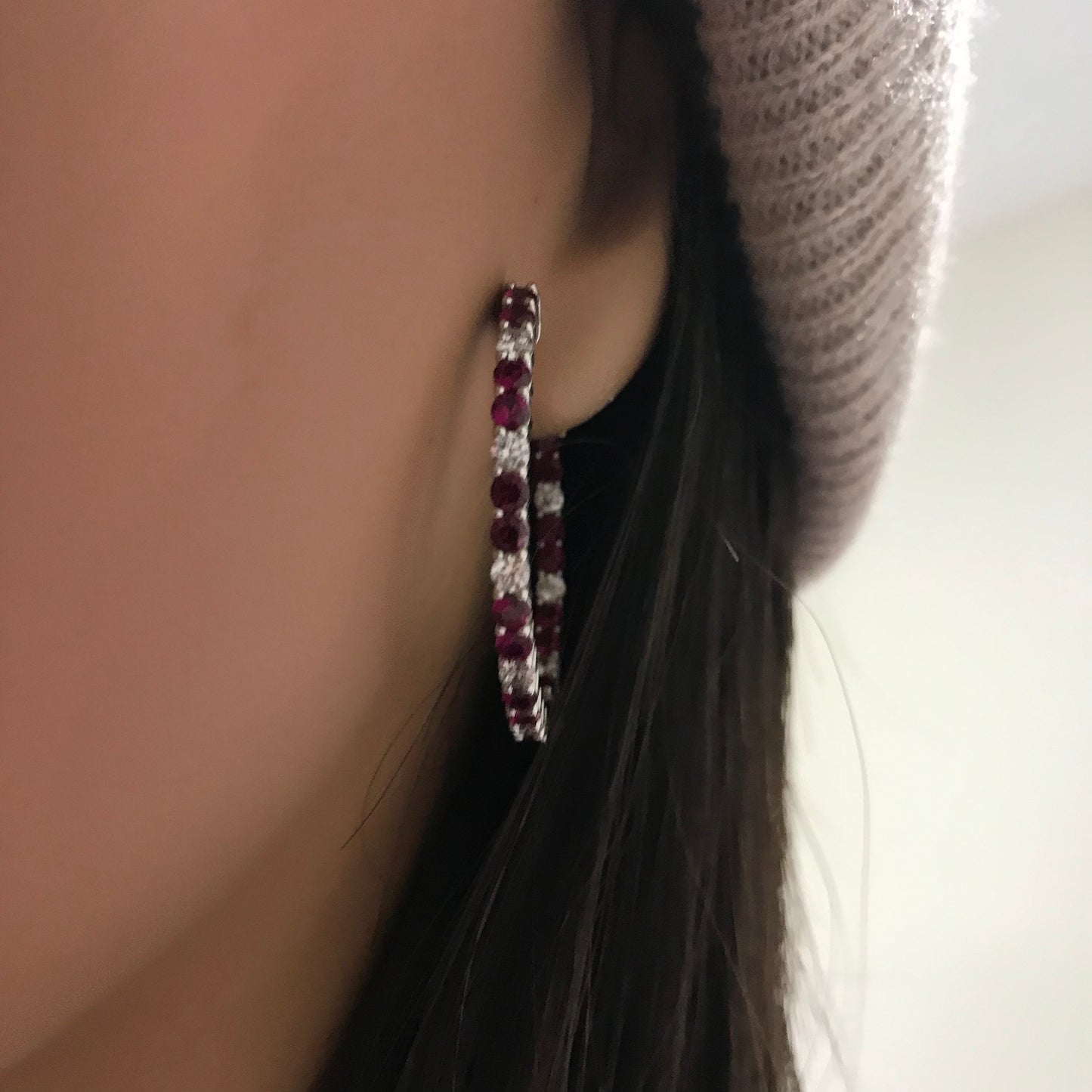 Sterling Silver Oval Emerald, Ruby and Sapphire CZ Hoop Earrings