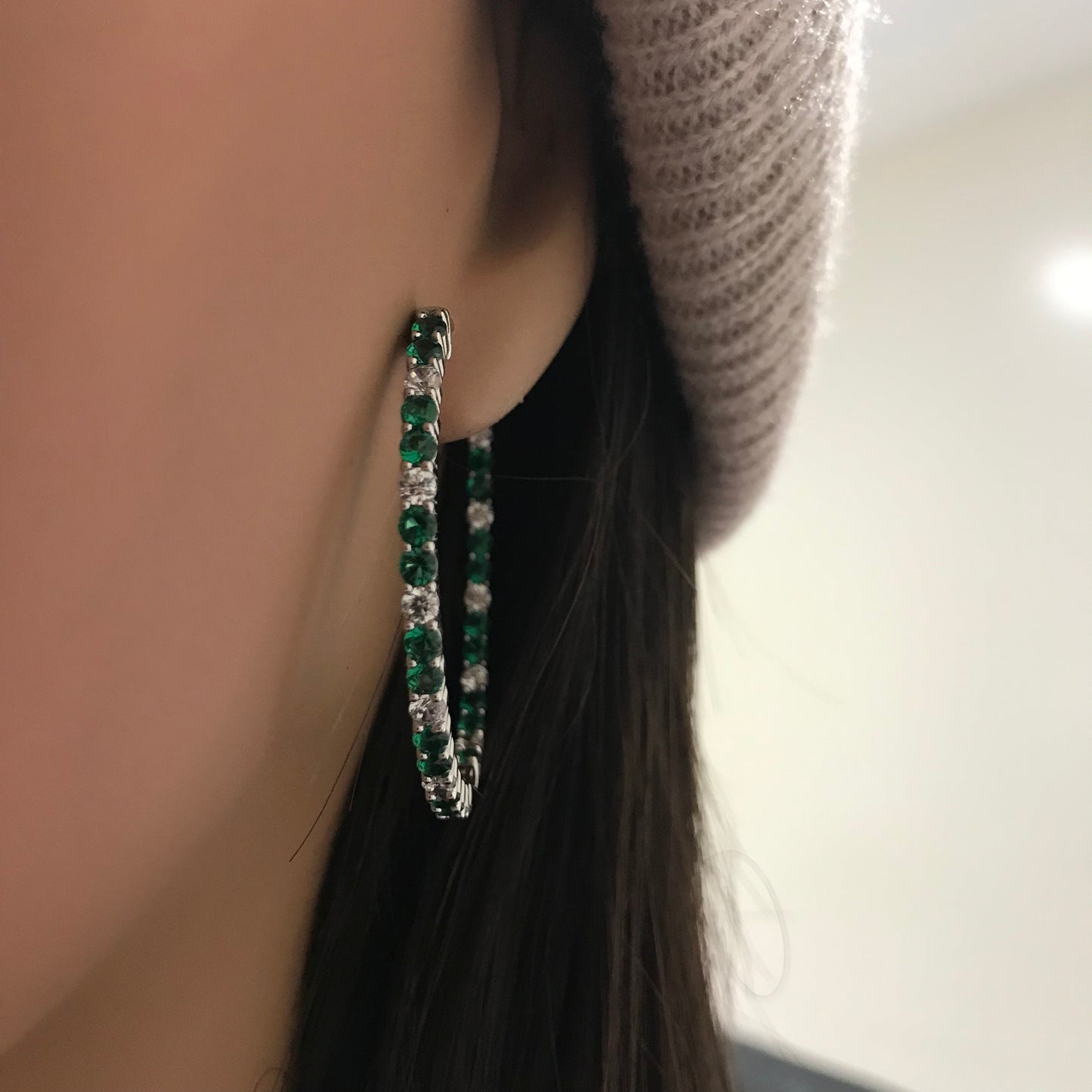 Sterling Silver Oval Emerald, Ruby and Sapphire CZ Hoop Earrings