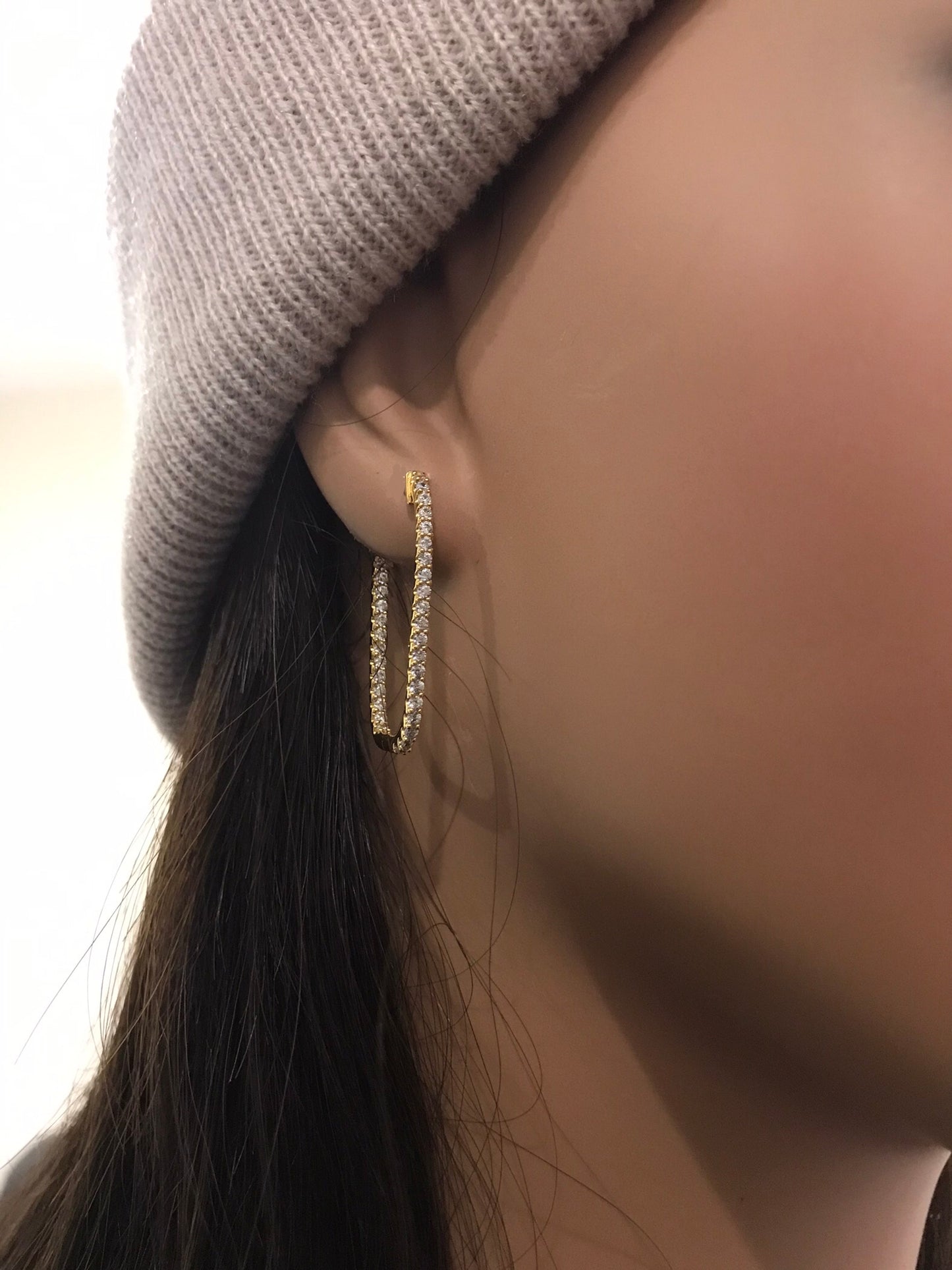 Sterling Silver Thin CZ Rectangular Hoop Earrings