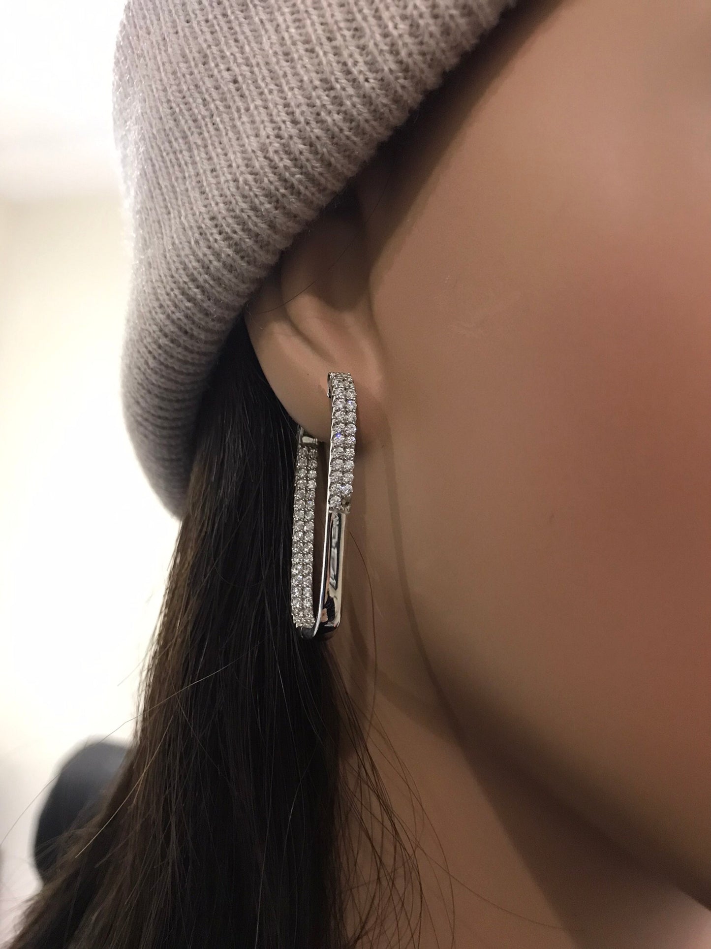 Sterling Silver Double Row CZ Rectangular Hoop Earrings