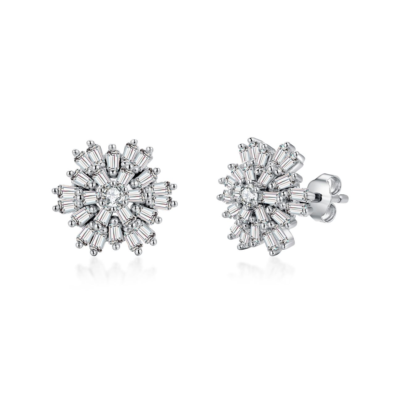 Sterling Silver Baguette Flower Stud Earrings
