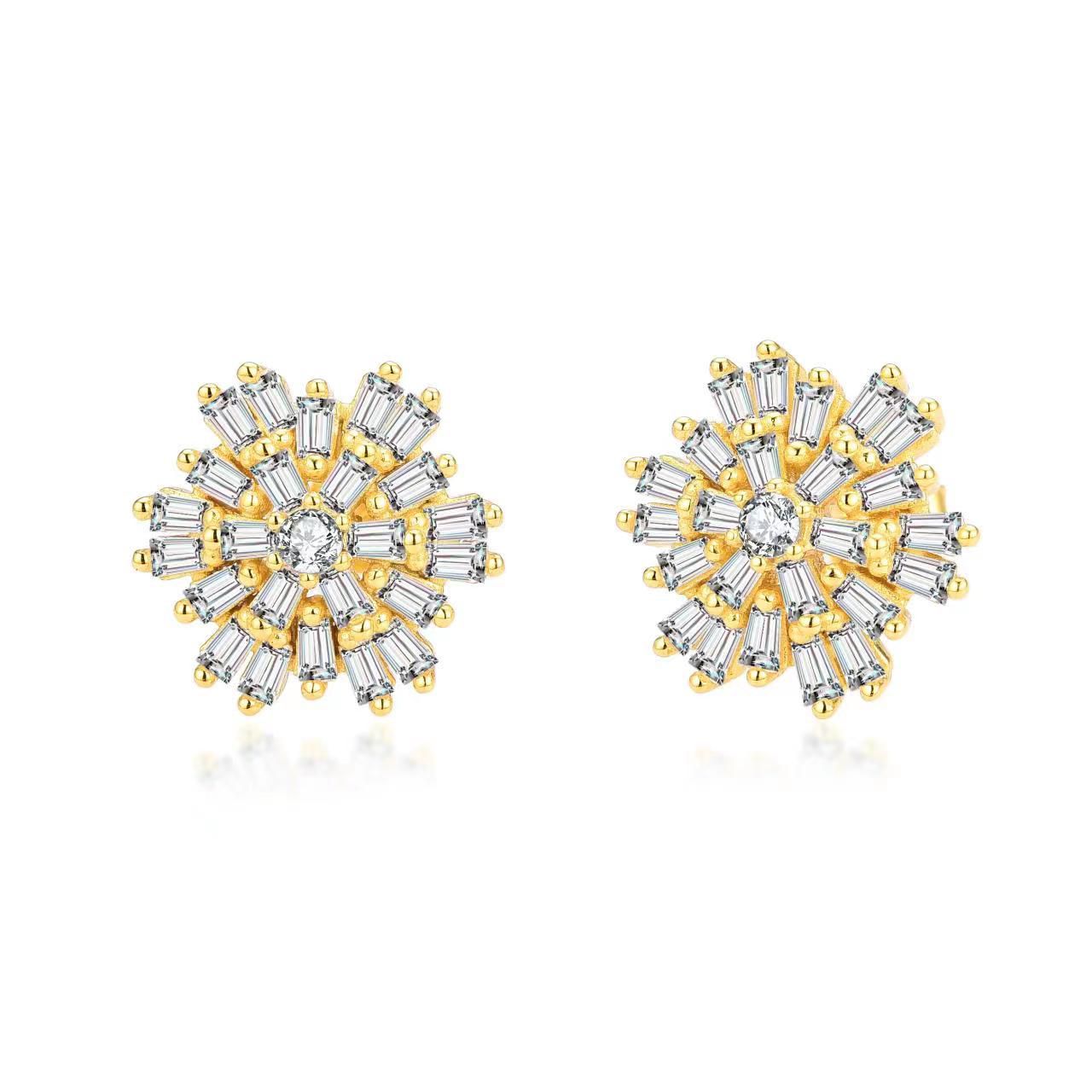 Sterling Silver Baguette Flower Stud Earrings