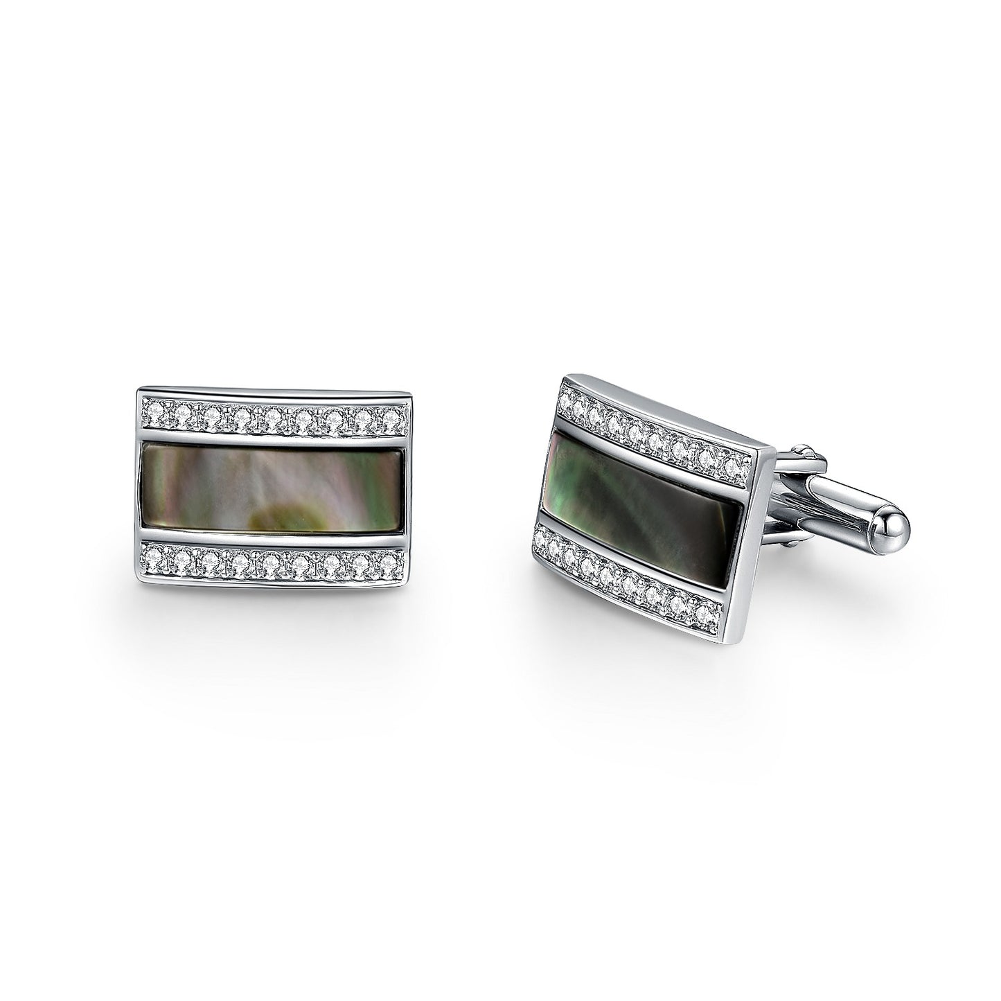 Rhodium Plated Sterling Silver Mother of Pearl / Black Onyx and CZ Rectangular Cufflinks