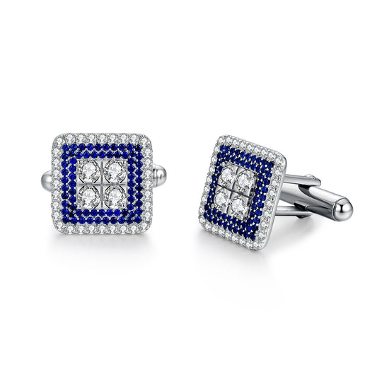 Rhodium Plated Sterling Silver Square Sapphire and Clear CZ Cufflinks