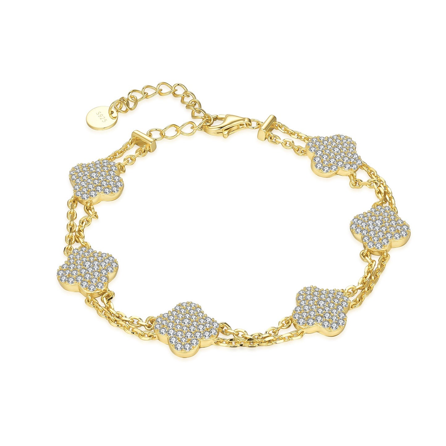 Gold Plated Sterling Silver Double Strand CZ Clover Bracelet