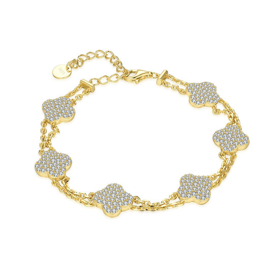 Gold Plated Sterling Silver Double Strand CZ Clover Bracelet