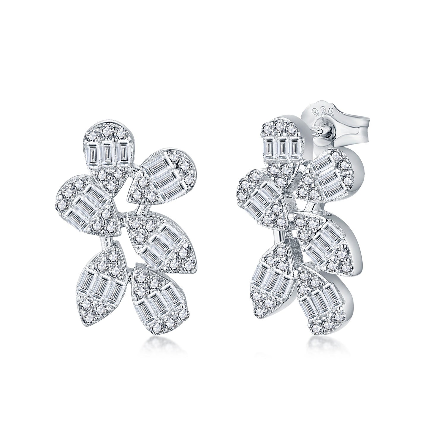 Sterling Silver Six Petal Baguette CZ Flower Stud Earring