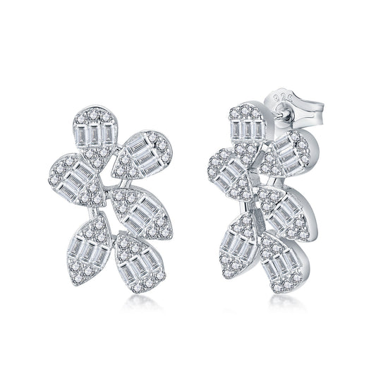 Sterling Silver Six Petal Baguette CZ Flower Stud Earring