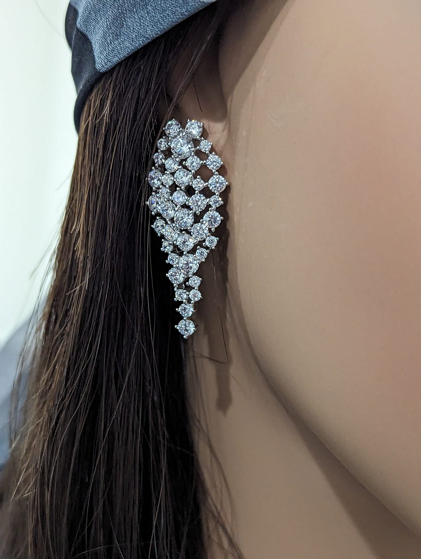 Sterling Silver CZ Long Inverted Teardrop Cluster Stud Earring