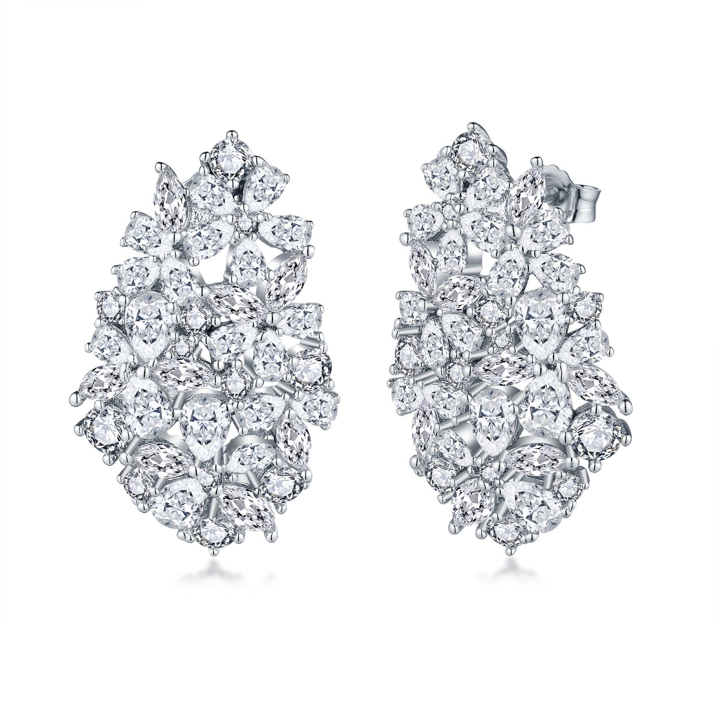 Sterling Silver Large Teardrop Cluster CZ Stud Earrings
