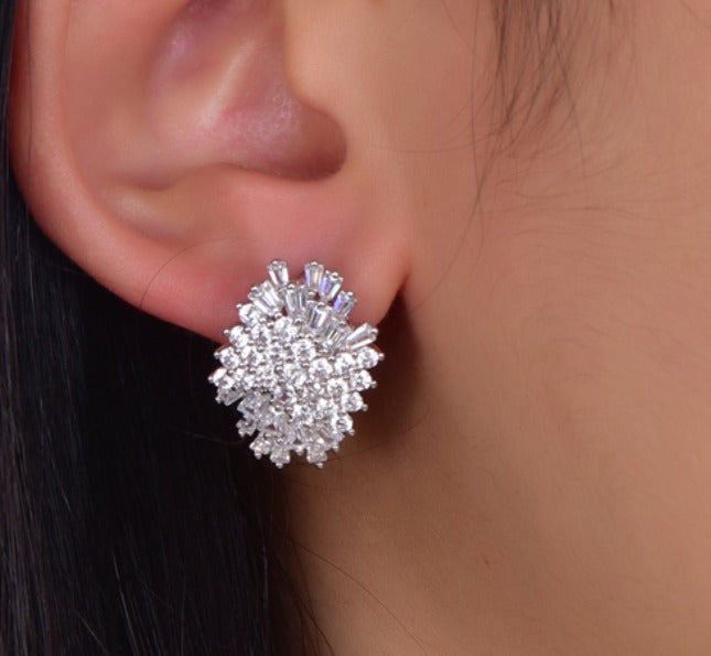 Rhodium Plated Sterling Silver Round and Baguette CZ Cluster Stud Earrings
