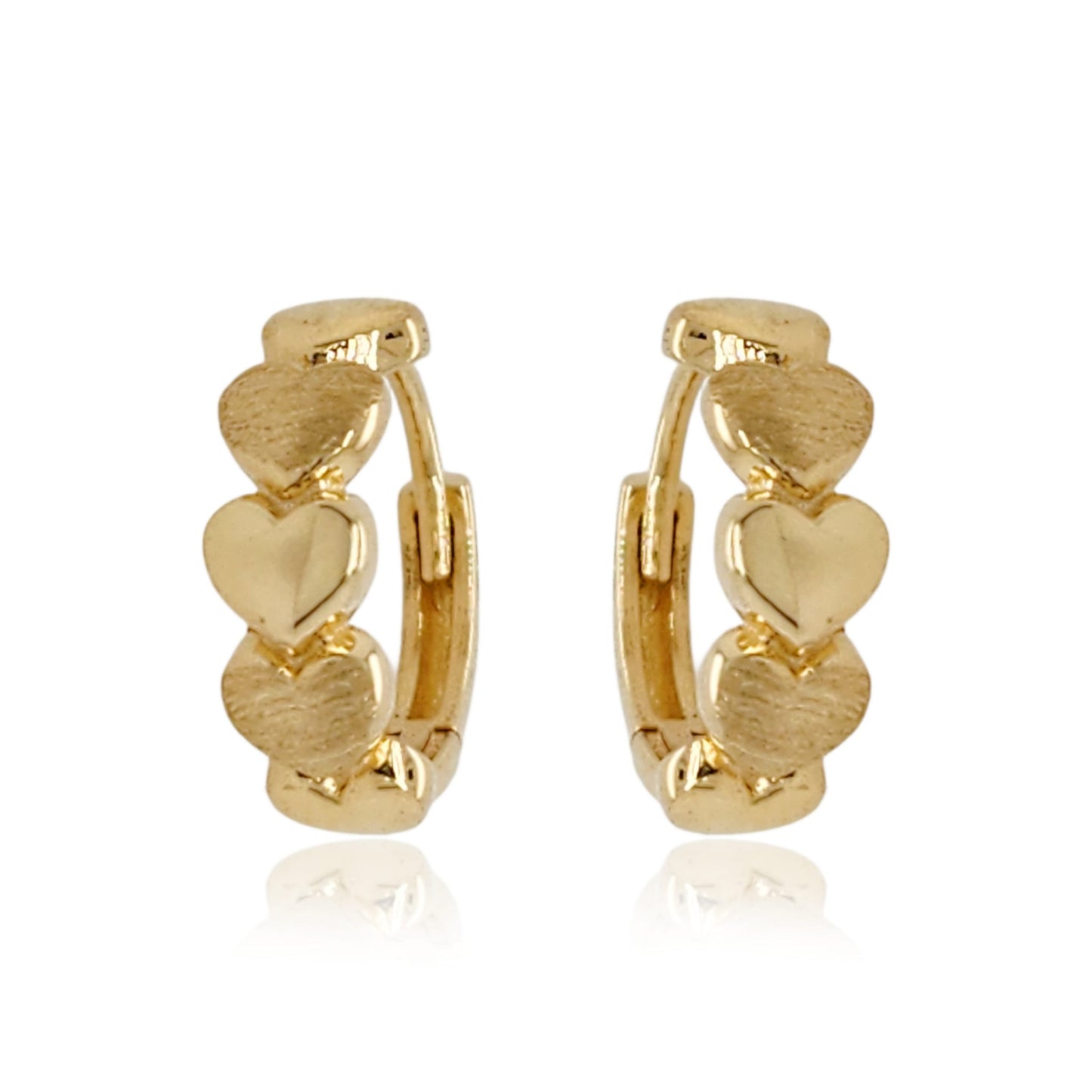 Gold Small Round Brushed and Shiny Hearts Hoop Earrings
