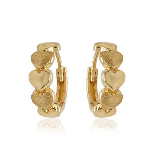 Gold Small Round Brushed and Shiny Hearts Hoop Earrings