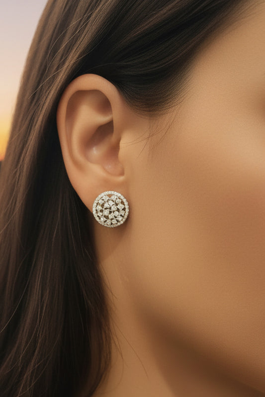 Sterling Silver Sprinkled CZ Cluster with Halo Round Stud Earring