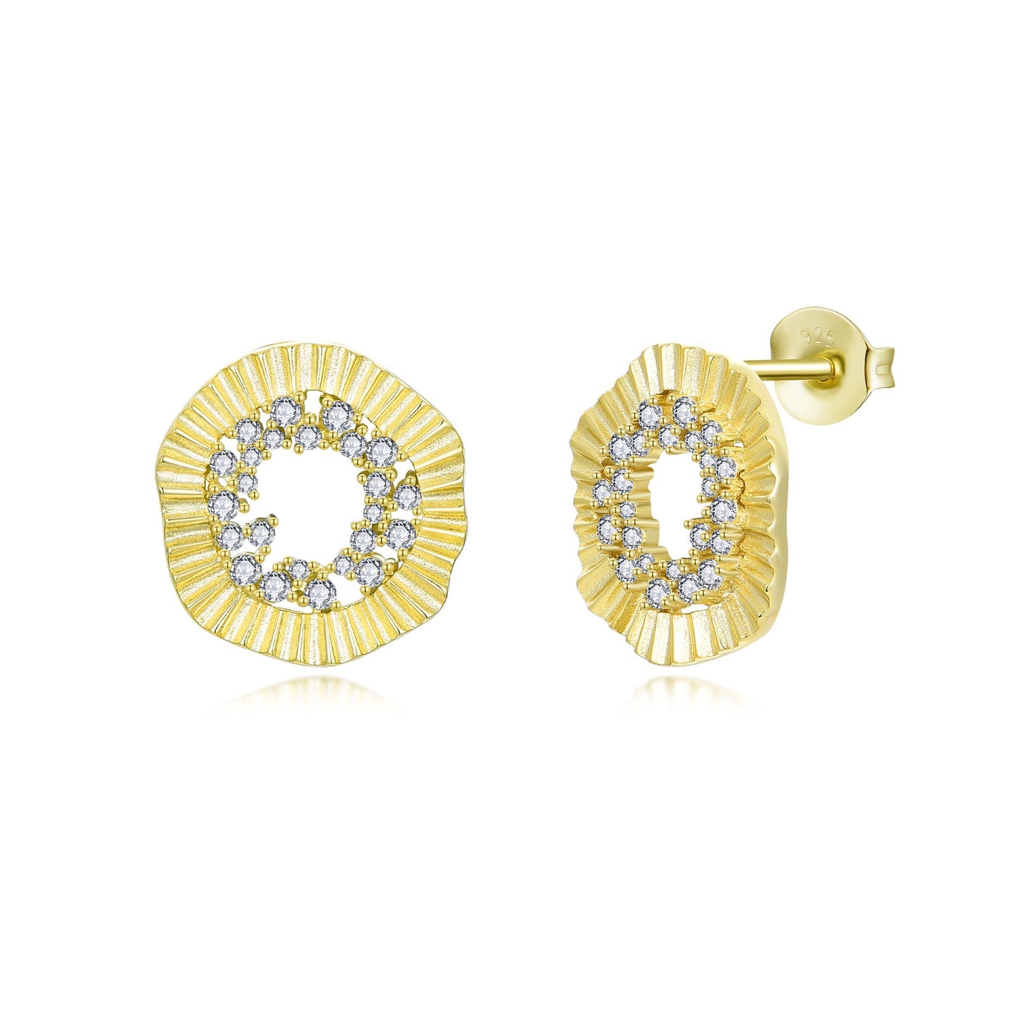 Sterling Silver Gold Plated Rounded Fan Shape CZ Center Stud Earrings