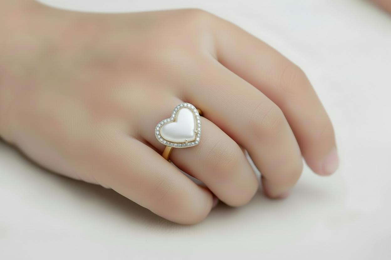 Gold Plated Sterling Silver Round Mother of Pearl with CZ Border Ring