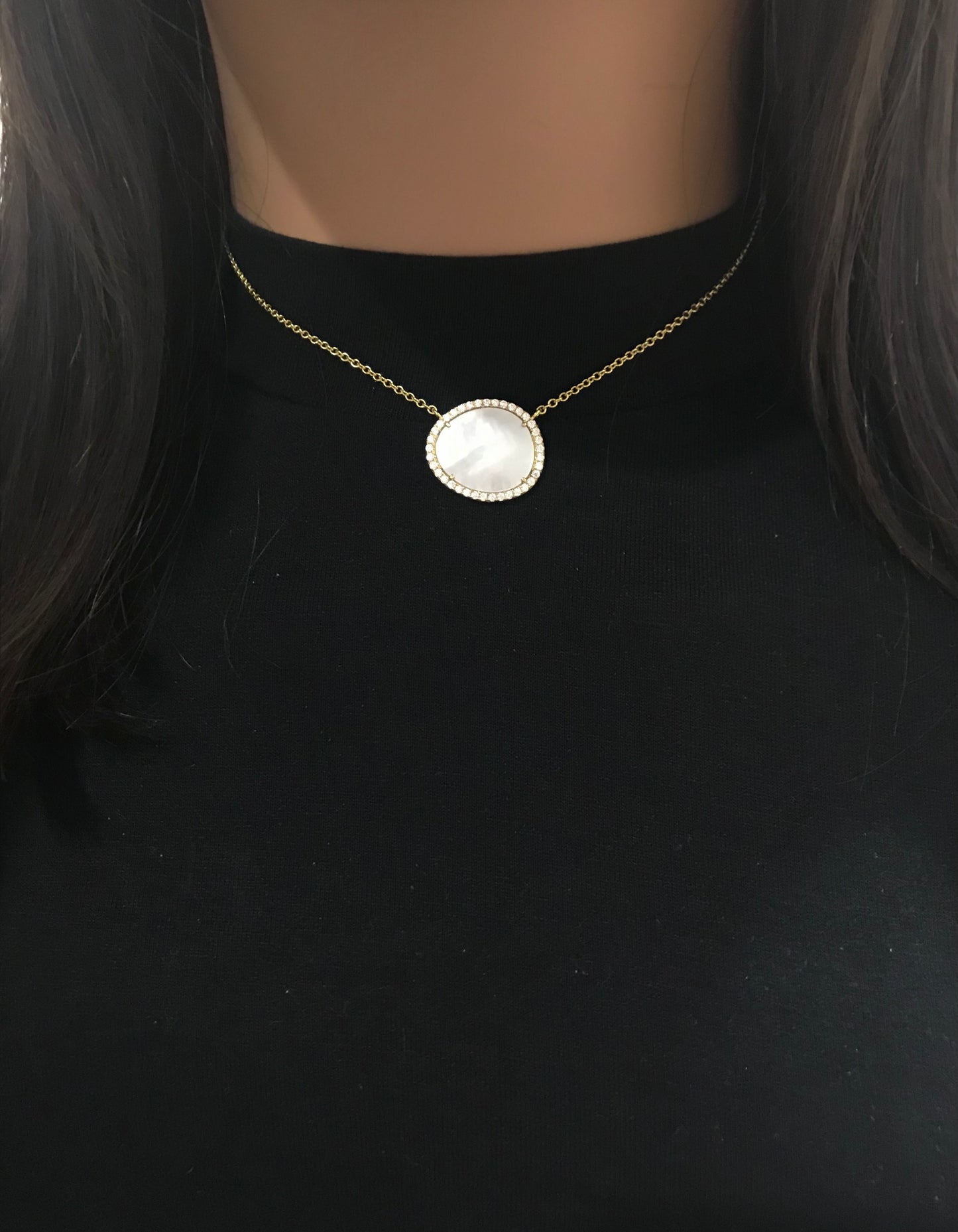 Gold Plated Sterling Silver CZ Border With Mother of Pearl Natural Shape Necklace