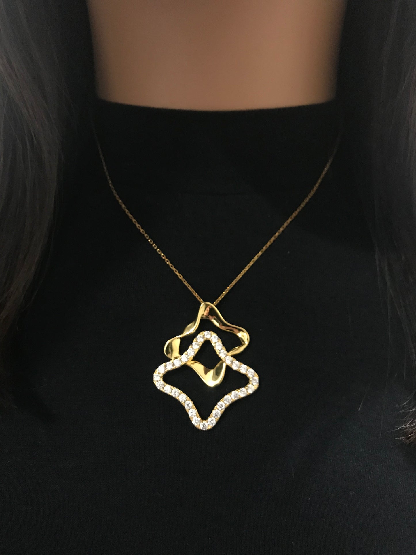 Sterling Silver Double Geometric CZ Pendant Necklace