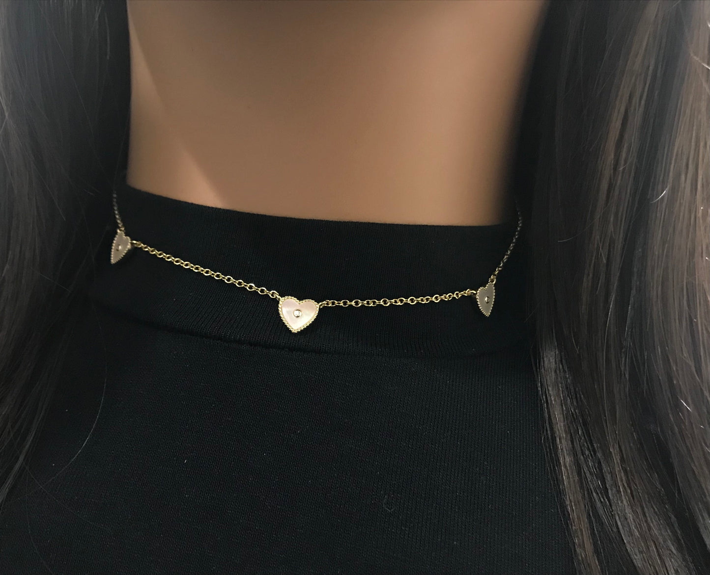 Gold Plated Sterling Silver Mother of Pearl Three Heart Necklace